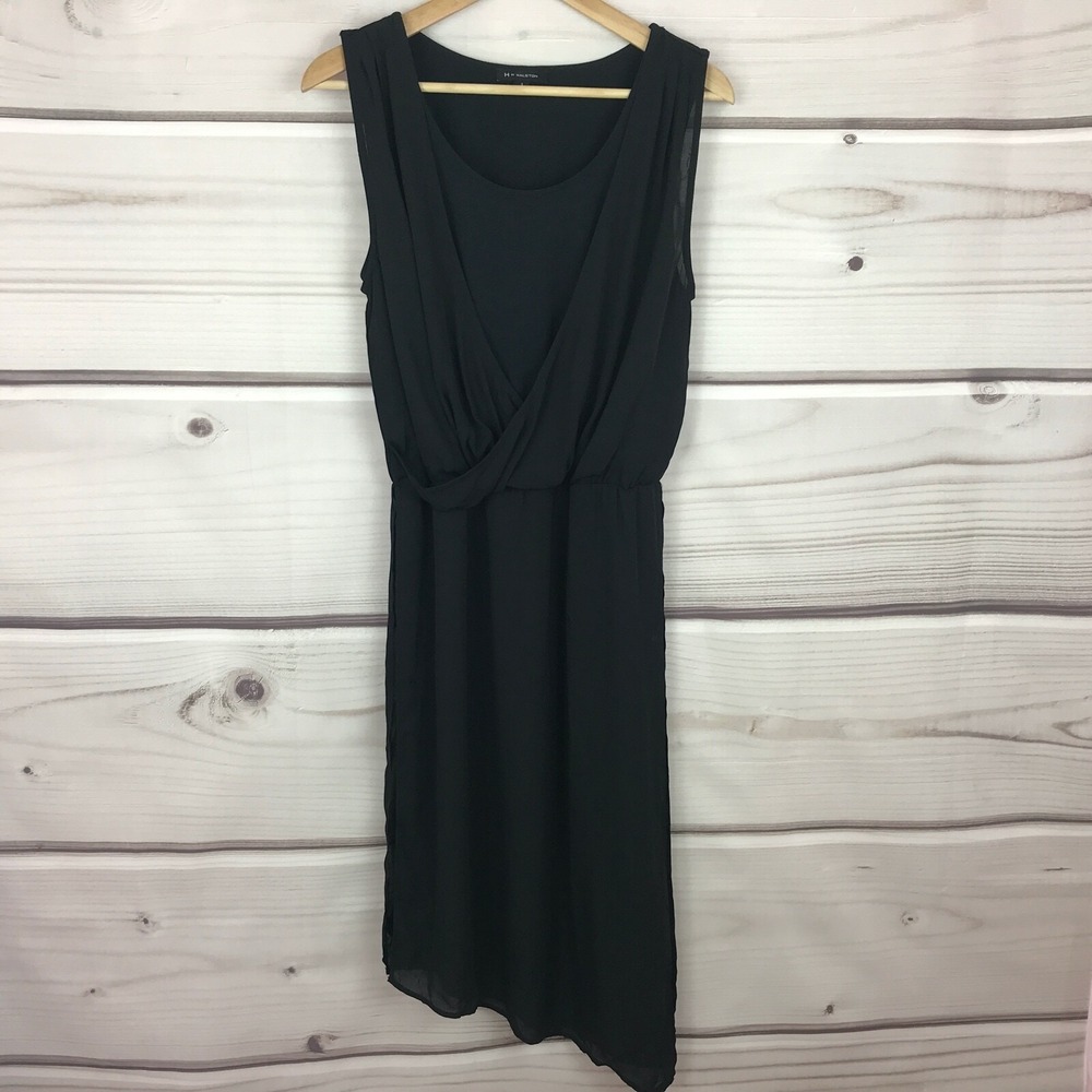 H By Halston Dress‎ Women 2 Black Jersey Shift Chiffon Drape Asymmetrical Hem
